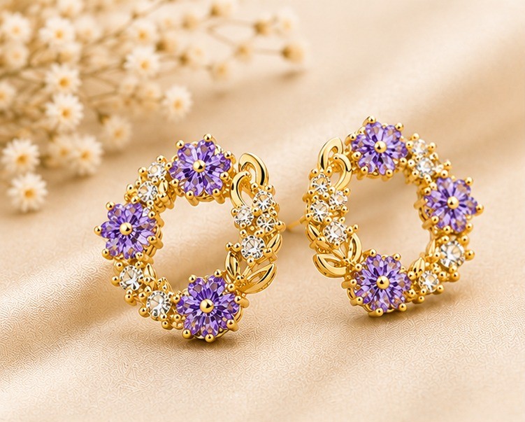 Bespoke Creations - Handcrafted purple floral earrings with mixed metal finish